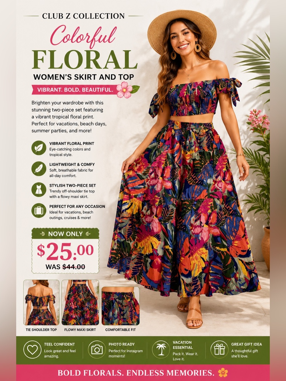 🩷. 1652. Colorful Floral Women's Skirt and top